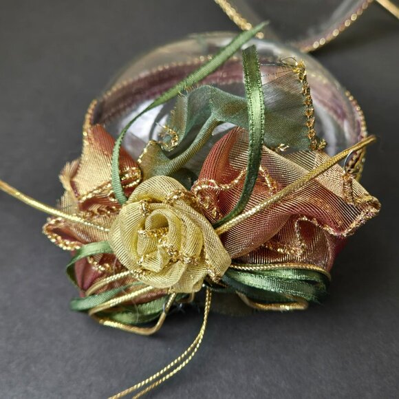 Set Of 3 Clear Heart Christmas Ornaments w Ribbon Roses Gold Green Burgundy Trim - Picture 2 of 7